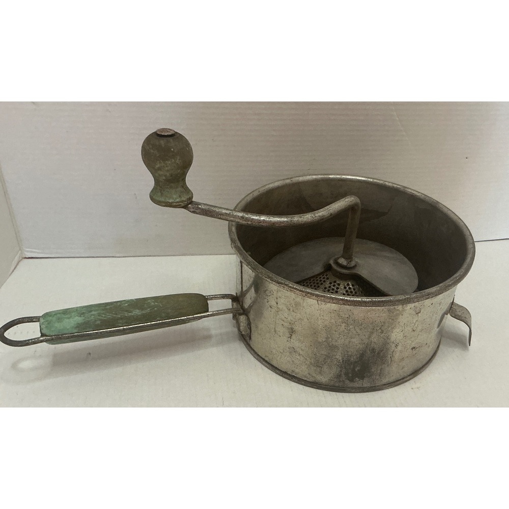 Foley Vintage Food Mill Hand Crank Green Wood Handle Kitchen Tool Farmhouse Deco